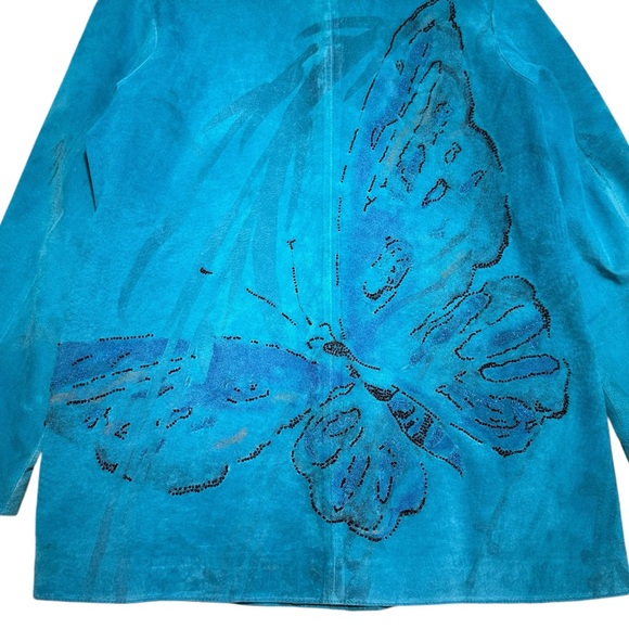 CHICO’S DESIGN‎ SUEDE LEATHER TURQUOISE BUTTERFLY EMBELLISHED JACKET SZ 1 - Picture 2 of 9
